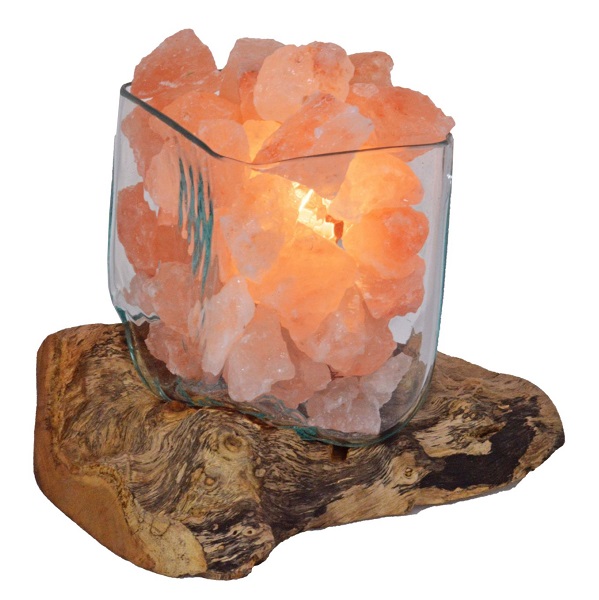 Lampada di Sale Himalaya UNICA Vetro su Legno Cubica Voganto 