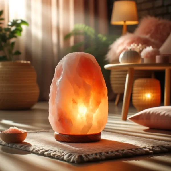 Lampada-di-sale-naturale-in-soggiorno-stile-moderno.webp Lampada di Sale Himalayano Scolpita a Mano Luce Calda Naturale BiciBio Bioprofumeria