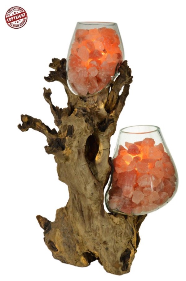 Lampada di sale UNICA artigianale in vetro e legno con due ampolle e cristalli di sale rosa Himalayano