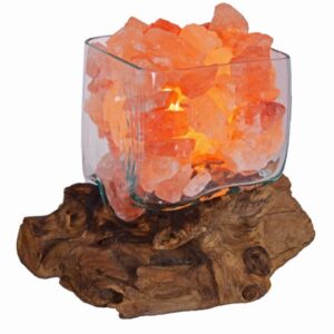 Lampada di Sale Himalaya UNICA Vetro su Legno Cubica Voganto 