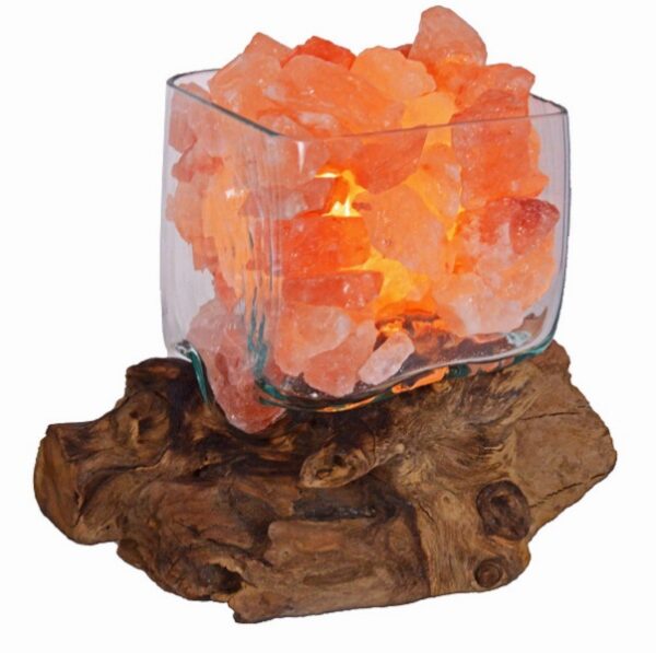 Lampada di Sale Himalaya UNICA Vetro su Legno Cubica Voganto 