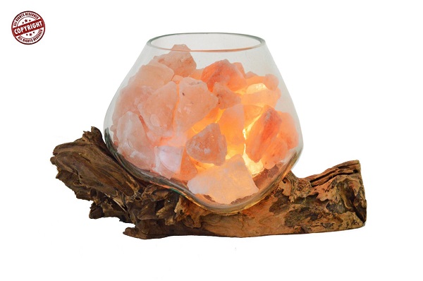 Lampade di Sale Himalaya UNICA Vetro su Legno cm 18 Voganto